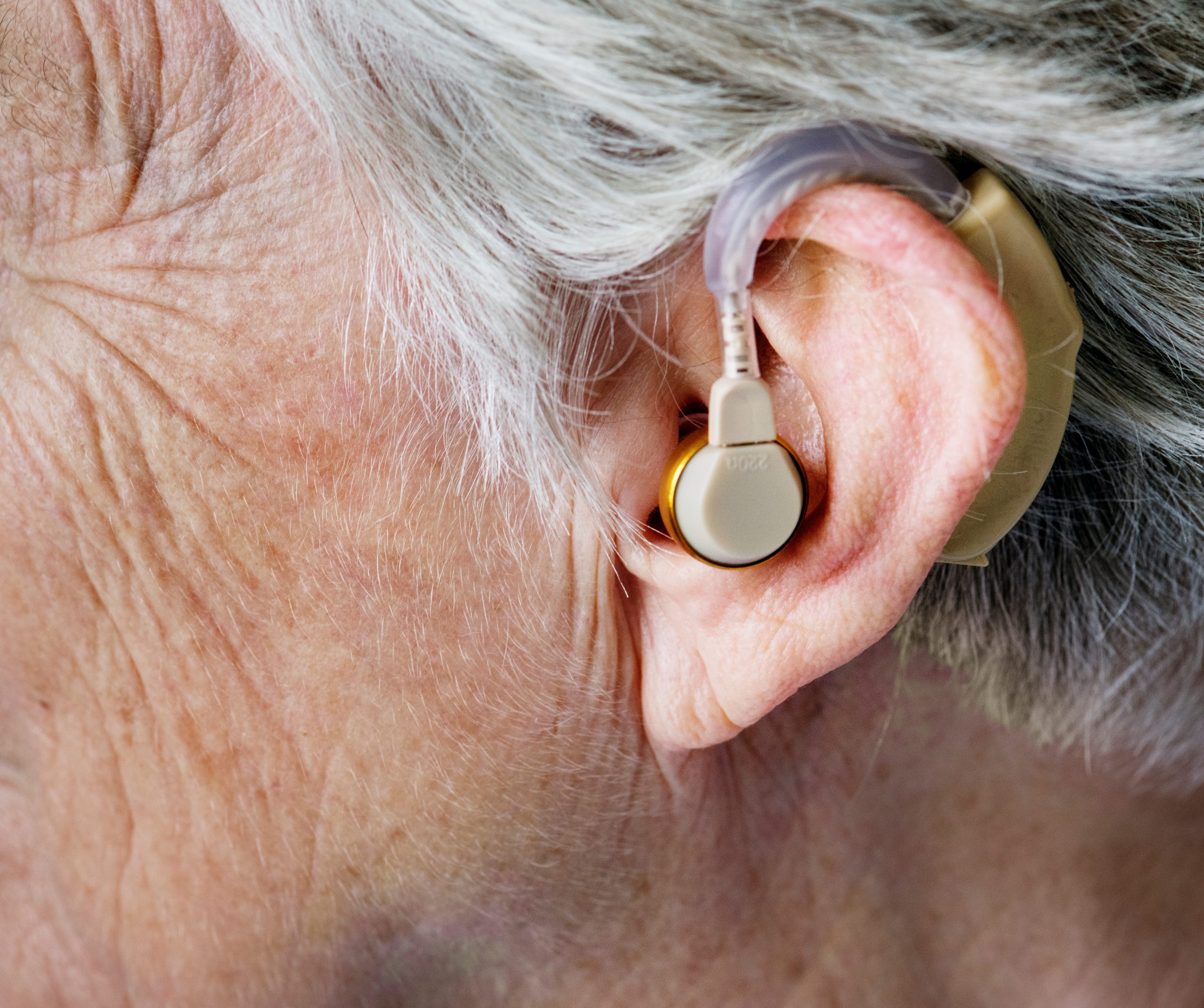 Closeup of senior lady wearing hearing aid.