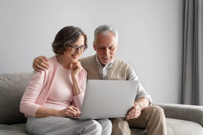 senior-couple2-FP Senior couple looking at laptop illustrates blog "Medicare Advantage vs Medigap: What Is the Difference?"