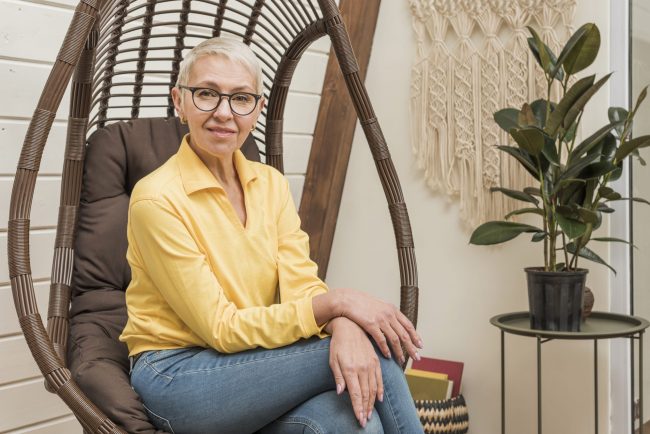 Senior woman sitting in living room illustrates blog "Does Medicare Advantage Have a Deductible?"