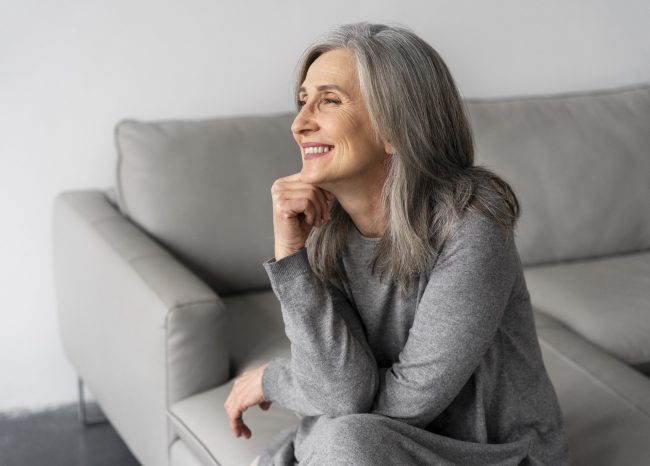 Portrait of senior woman in living room illustrates blog "Medicare Advantage FAQ"